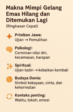 Infografis tentang arti mimpi gelang emas hilang dan ditemukan kembali dari berbagai perspektif primbon psikologi, spiritual, dan budaya